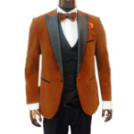 Light brown (orange) velvet tuxedo 3 pcs suit - Image 4